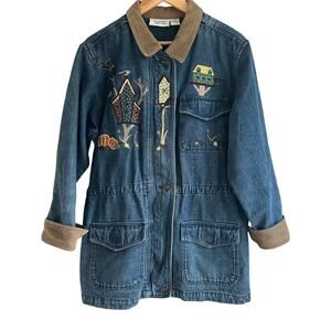 VTG Christopher & Banks Medium Cotton Denim Corduroy Embroidery Chore Jacket